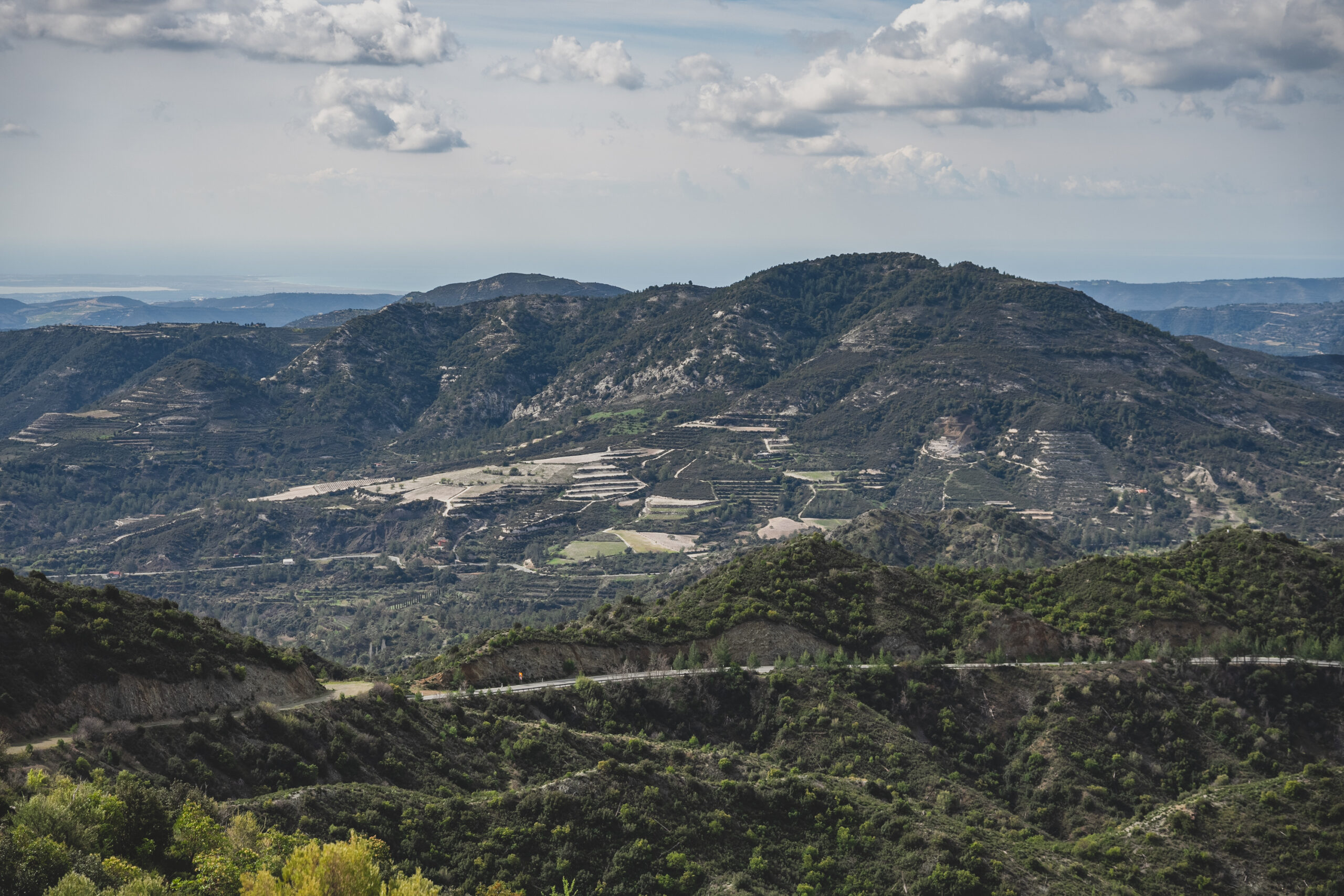 View of Mount Zalakas in the Troodos foothills, showing a patchwork of terraces and Commandaria vineyards on the outskirts of Agios Mamas.